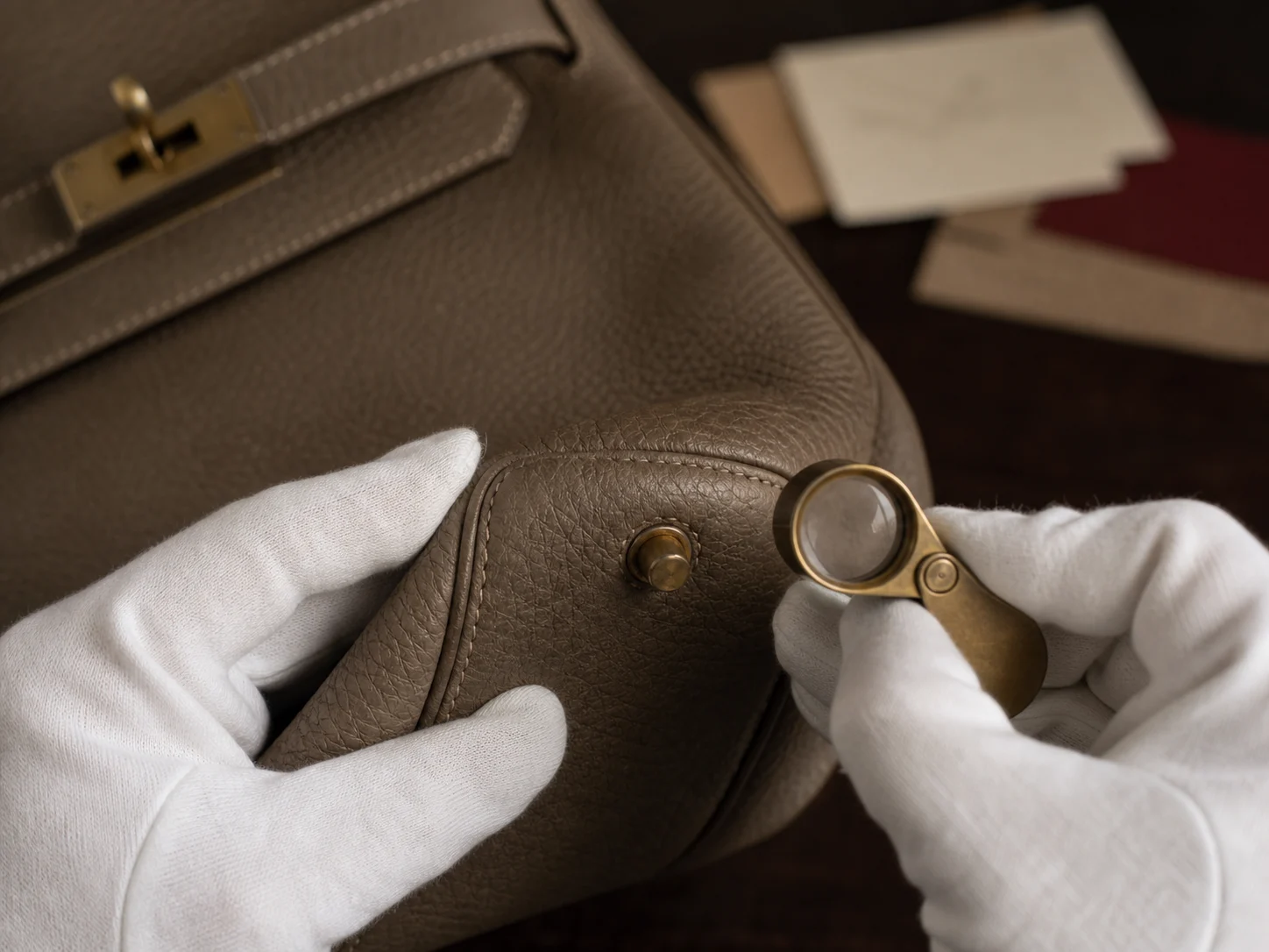 A white-gloved specialist inspecting a handbag turn-lock with a brass loupe