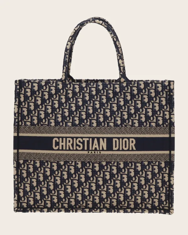 Dior Book Tote Large in ecru and blue Oblique embroidery