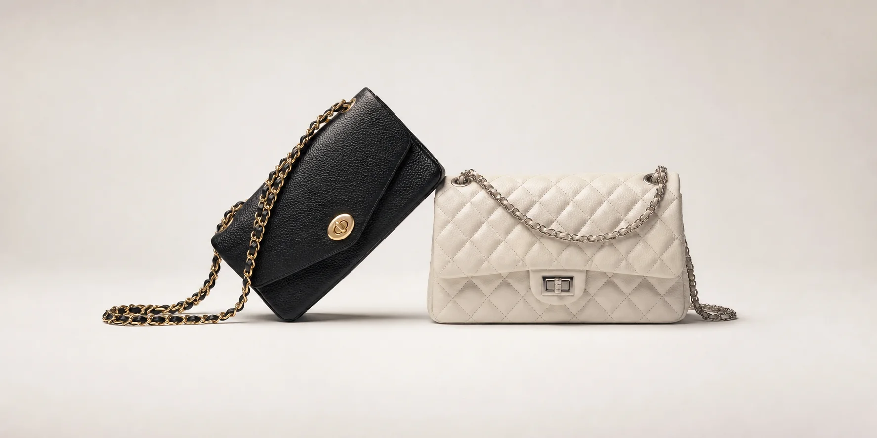 Black and ivory leather handbags arranged as a sculptural still life