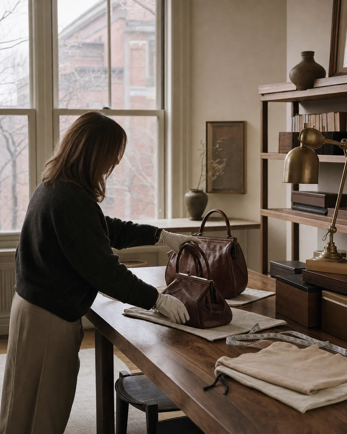 A handbag specialist working in the Heiress Collective studio